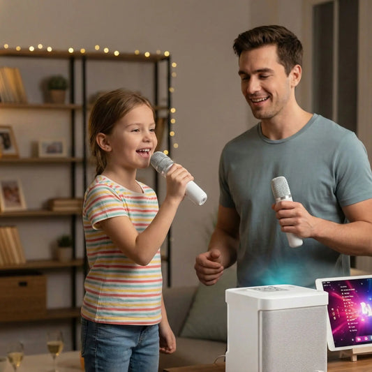 Duo père-fille avec micro karaoke sans fil.