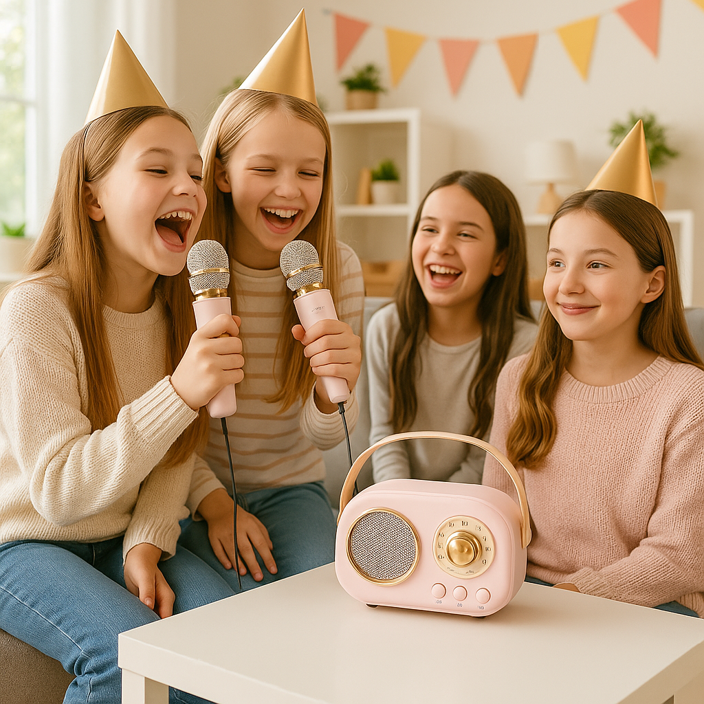 4 fillettes chantent avec micro karaoke à un anniversaire