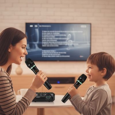 micro karaoke mère et fils chantent avec smart tv