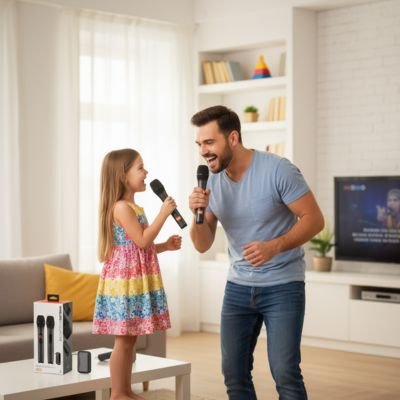 Un père et sa fille font un concours de chant avec micro karaoké.
