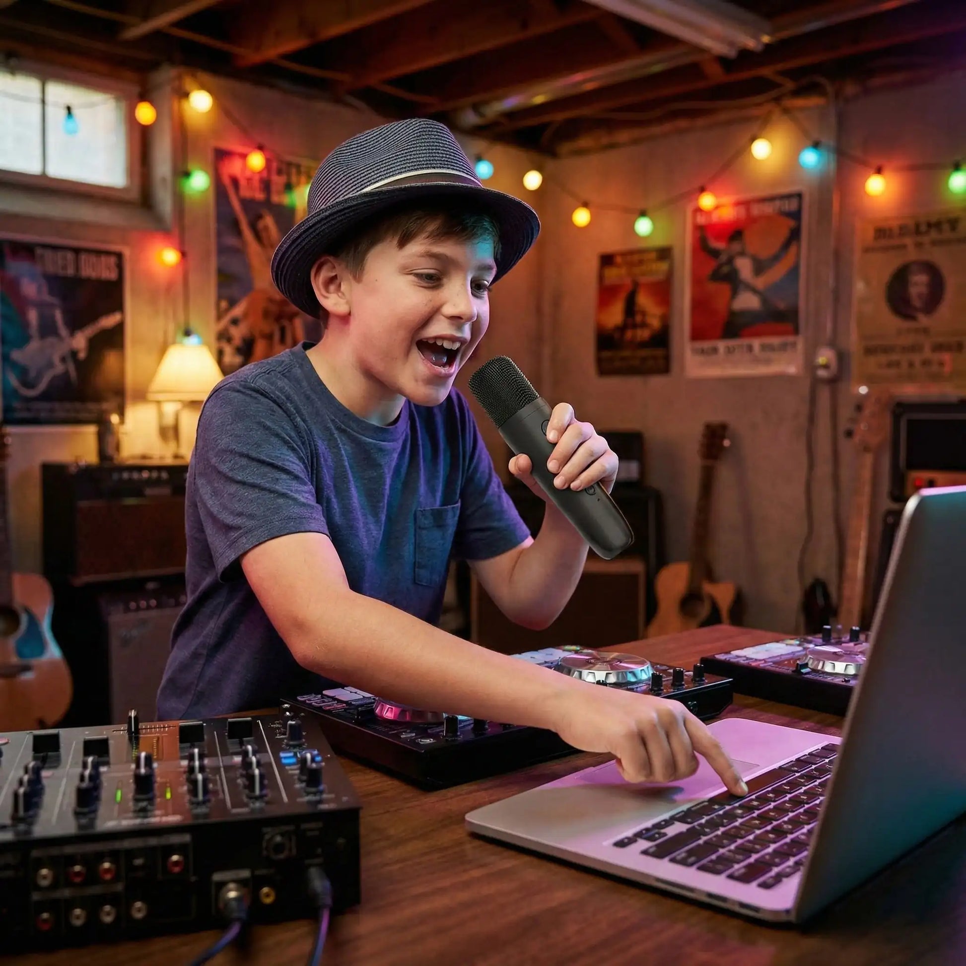 Jeune DJ avec micro karaoke