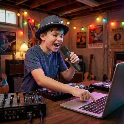 Jeune DJ avec micro karaoke