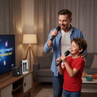 Père et fils chante avec un micro karaoké