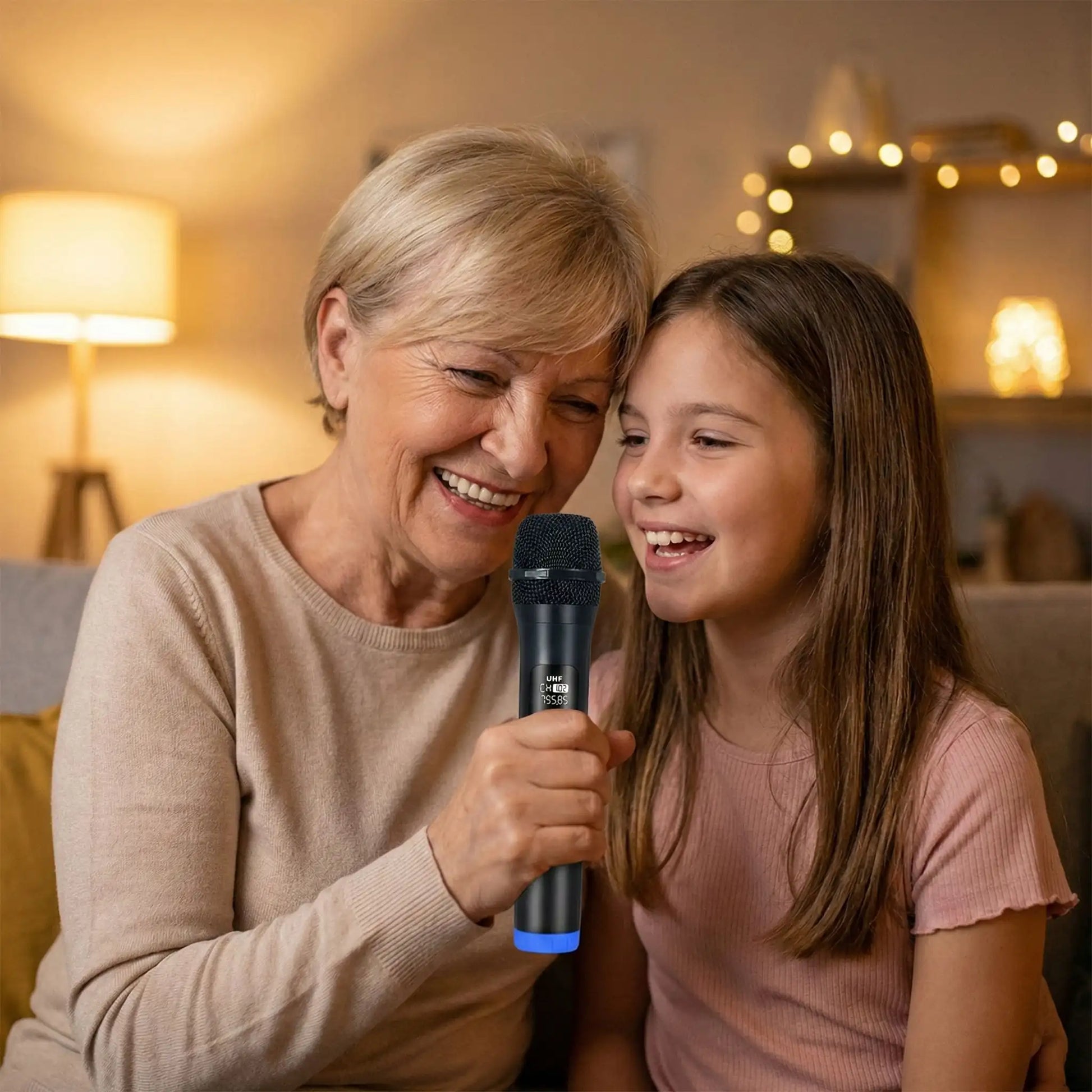 Grand-mère et petite fille font un duo avec micro karaoké