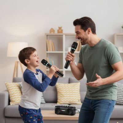 micro karaoke un père et son fils chantent en duo