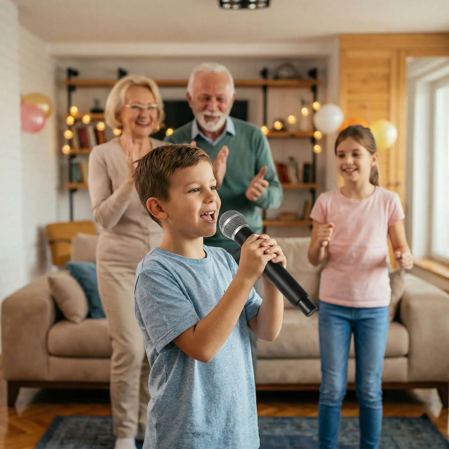 grand-parents regardent performance jeune homme avec micro karaoke