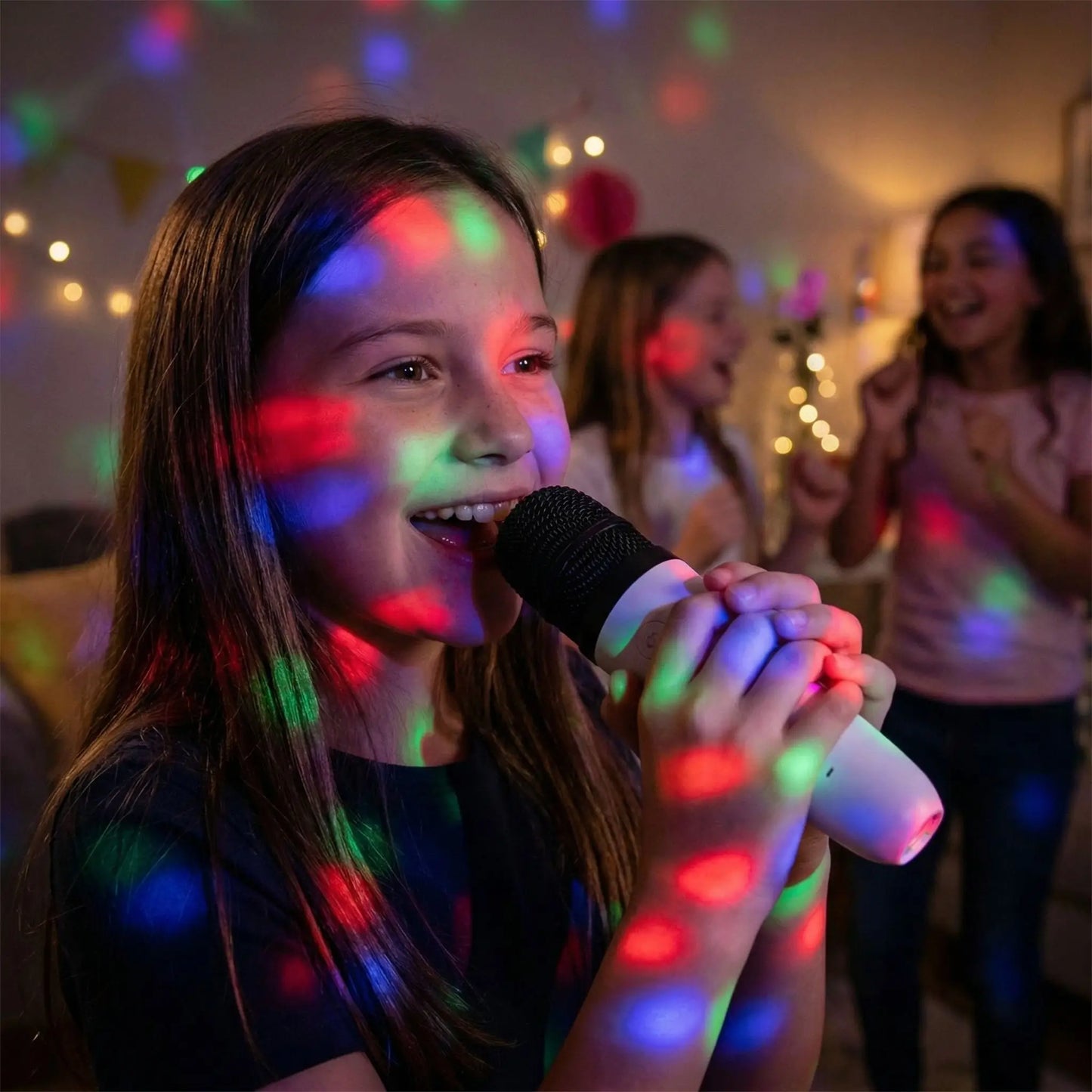 Fillette chante dans un party avec micro karaoke