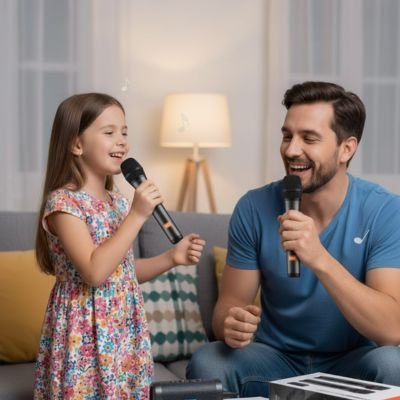 Duo père et fille chantent avec micro karaoké