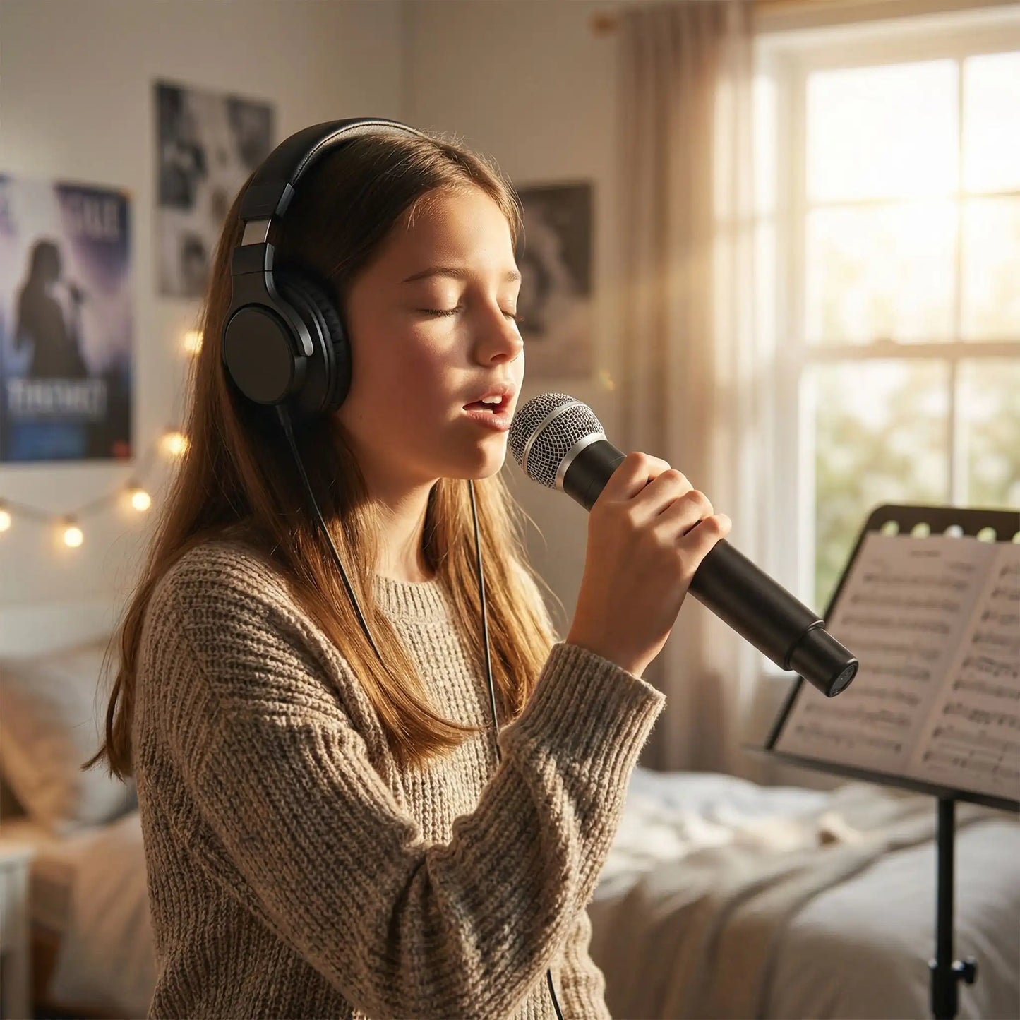 jeune fille en pleine performance avec micro karaoke