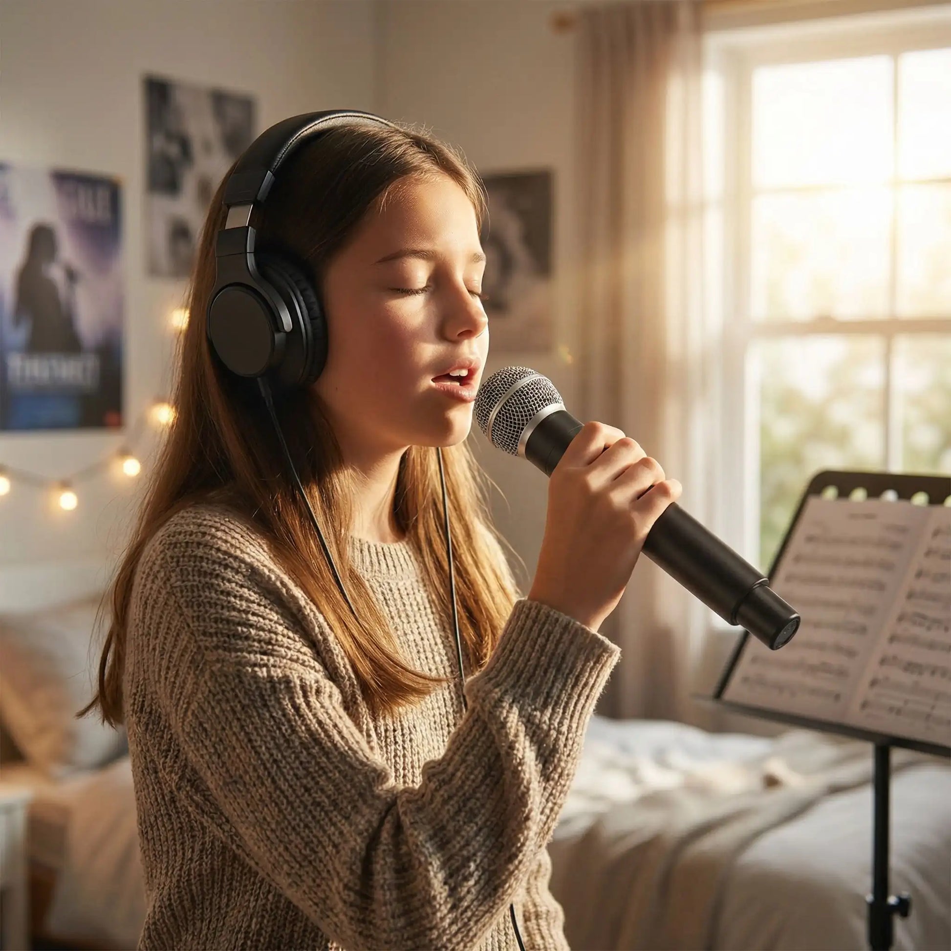 jeune fille en pleine performance avec micro karaoke