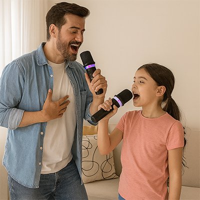 Un père et sa fille chantent avec leur micro karaoke