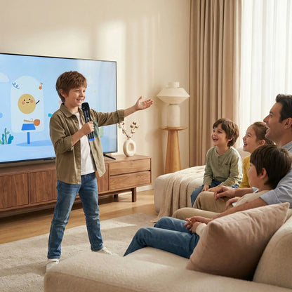 jeune homme présente la météo avec micro karaoké