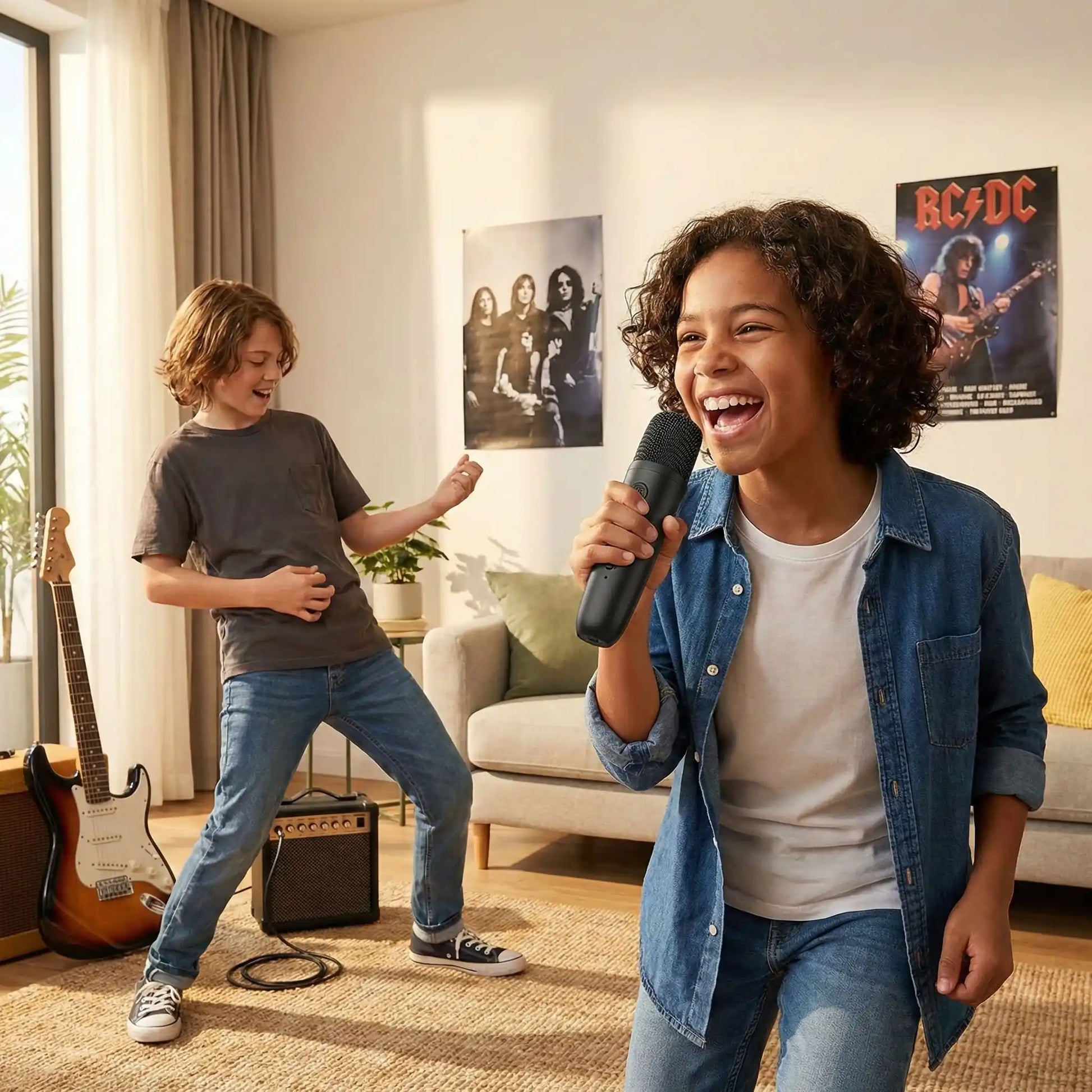 Deux jeunes hommes jouent aux rockstar avec micro karaoke