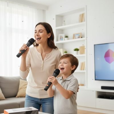 Fiston chante avec maman dans micro karaoké