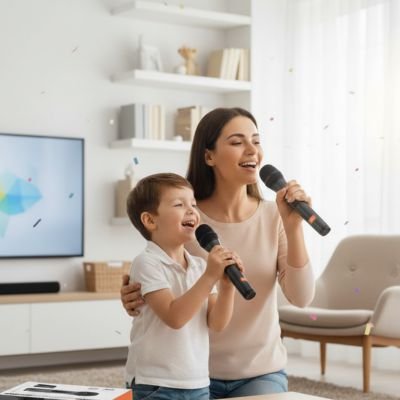 Mère et fils chantent avec un micro karaoké.