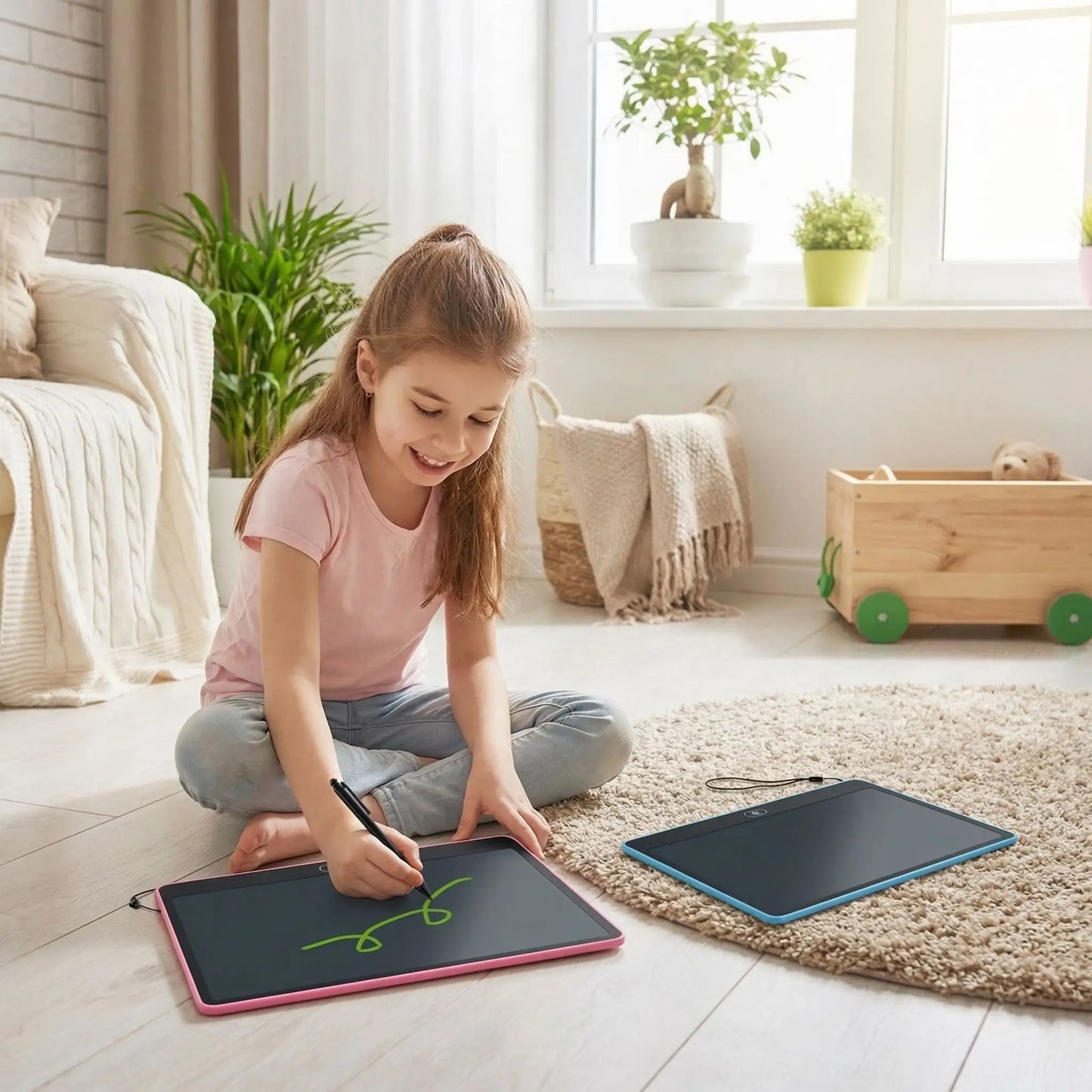 fillette dessine sur tablette dessin enfant monochrome