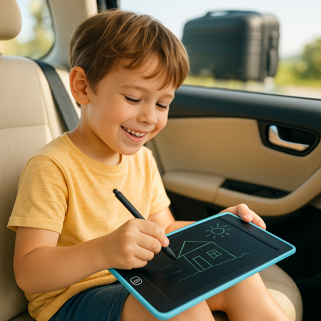 Un garçon dessine sur tablette à dessin pour enfant en voiture