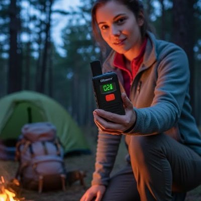 Une mère tend un walki talki.