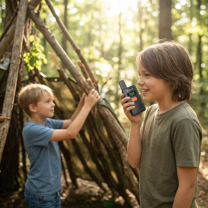 Un garçon avec un talkie walki fabrique une cabane avec son ami.