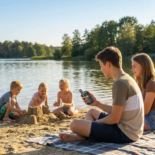 2 ados avec talki walki surveillent des enfants