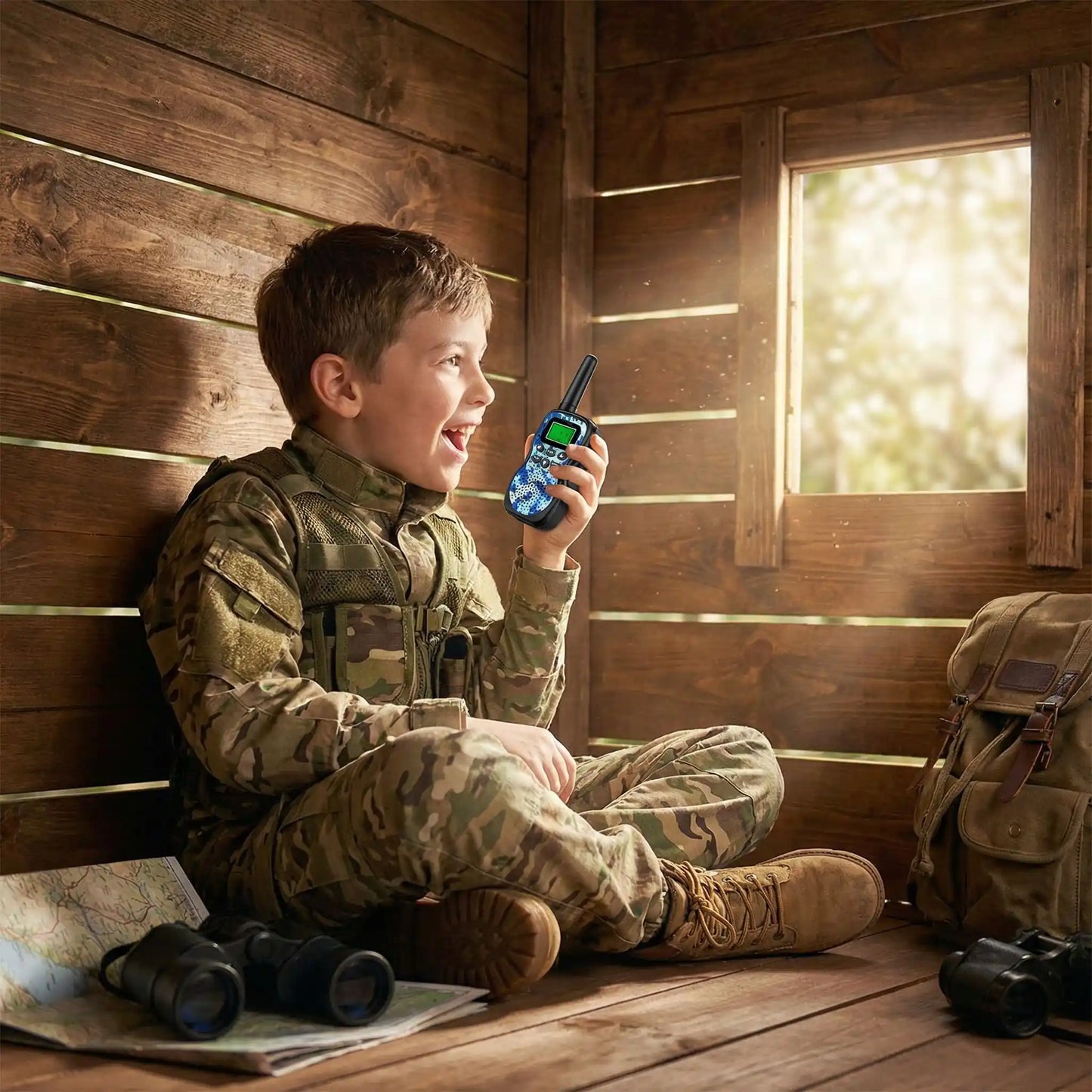 Garçon en camouflage avec talkie walkie.