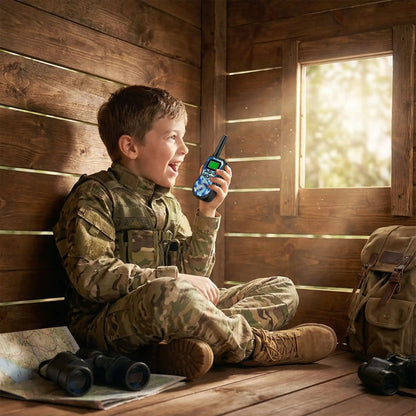 Garçon en camouflage avec talkie walkie.