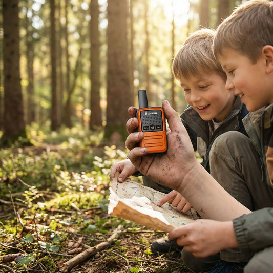 Deux garçons explorent la forêt avec carte et talkie-walkie.