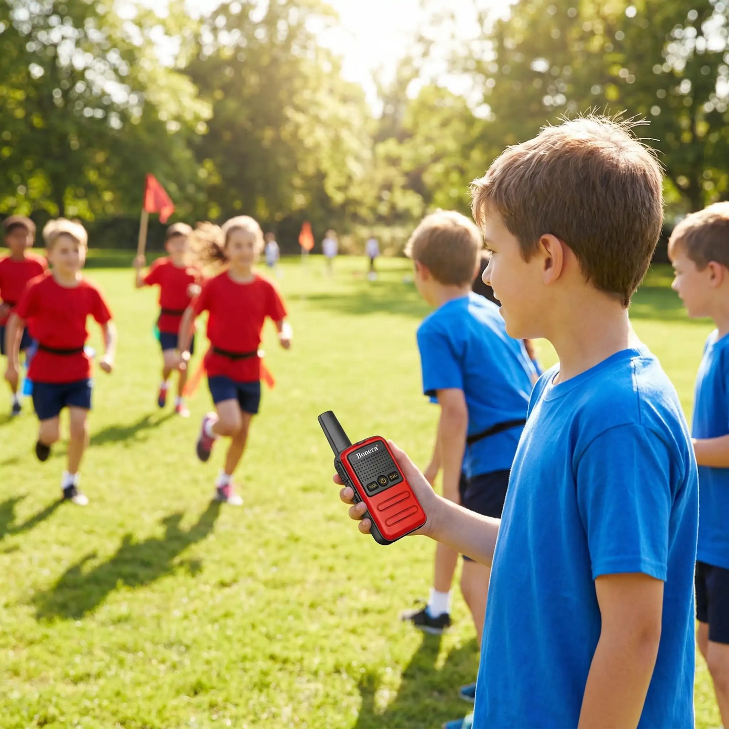 garçon avec talkie-walkie assiste à une course au parc.