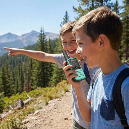 garçon avec talkie-walkie en rando avec un ami.