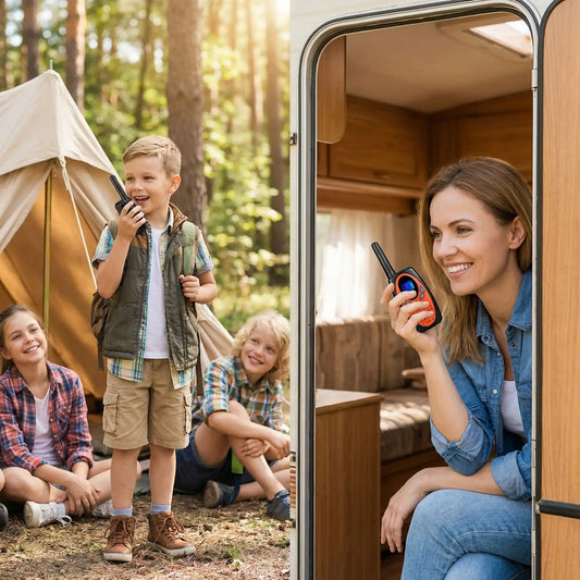 Communication parent-enfant avec talkie walkie en camping.
