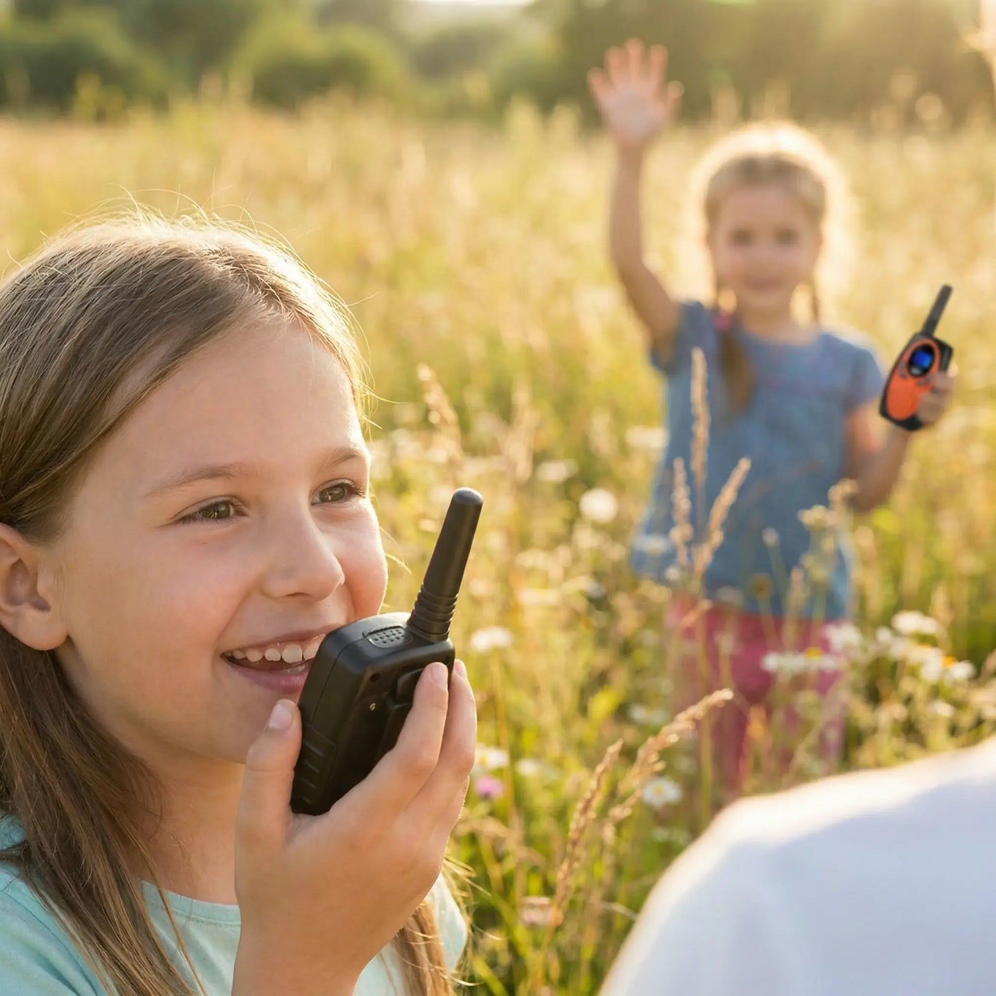 Fillette communique avec son amie dans son talkie walkie