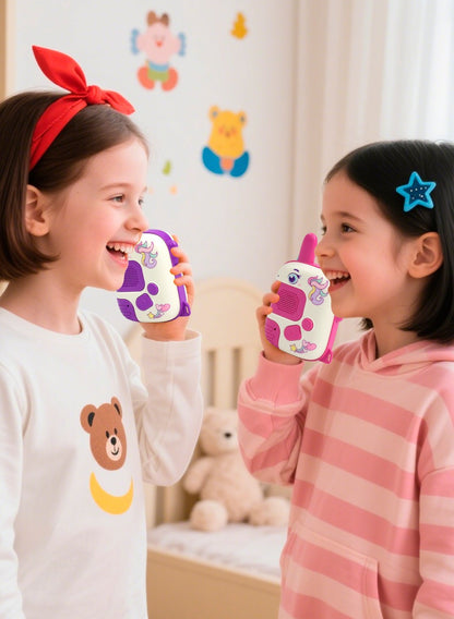 Deux jeunes amies s'amusent avec talkie walkie enfant