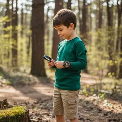 garcon en aventure en forest avec montre talkie walkie enfant