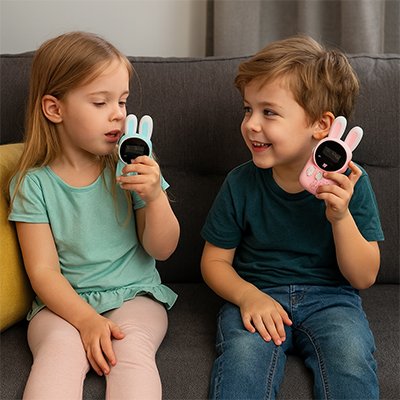 Frère et sœur discute avec talkie walkie enfant de lapin