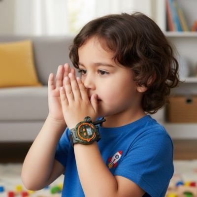 Un garçon au salon joue avec montre talkie walkie enfant