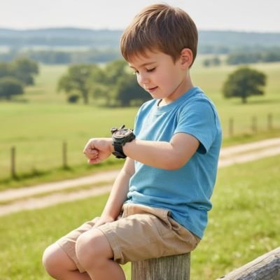Garçon au champ avec montre talkie walkie enfant