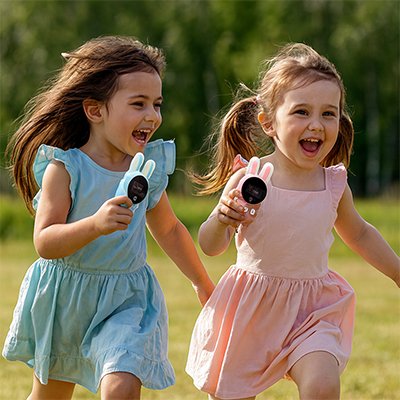 Deux soeurs cours dans un champ avec talkie walkie enfant de lapin