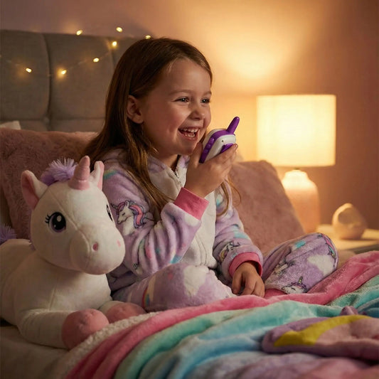 Fillette en pyjama discute avec un talkie walkie enfant de licorne