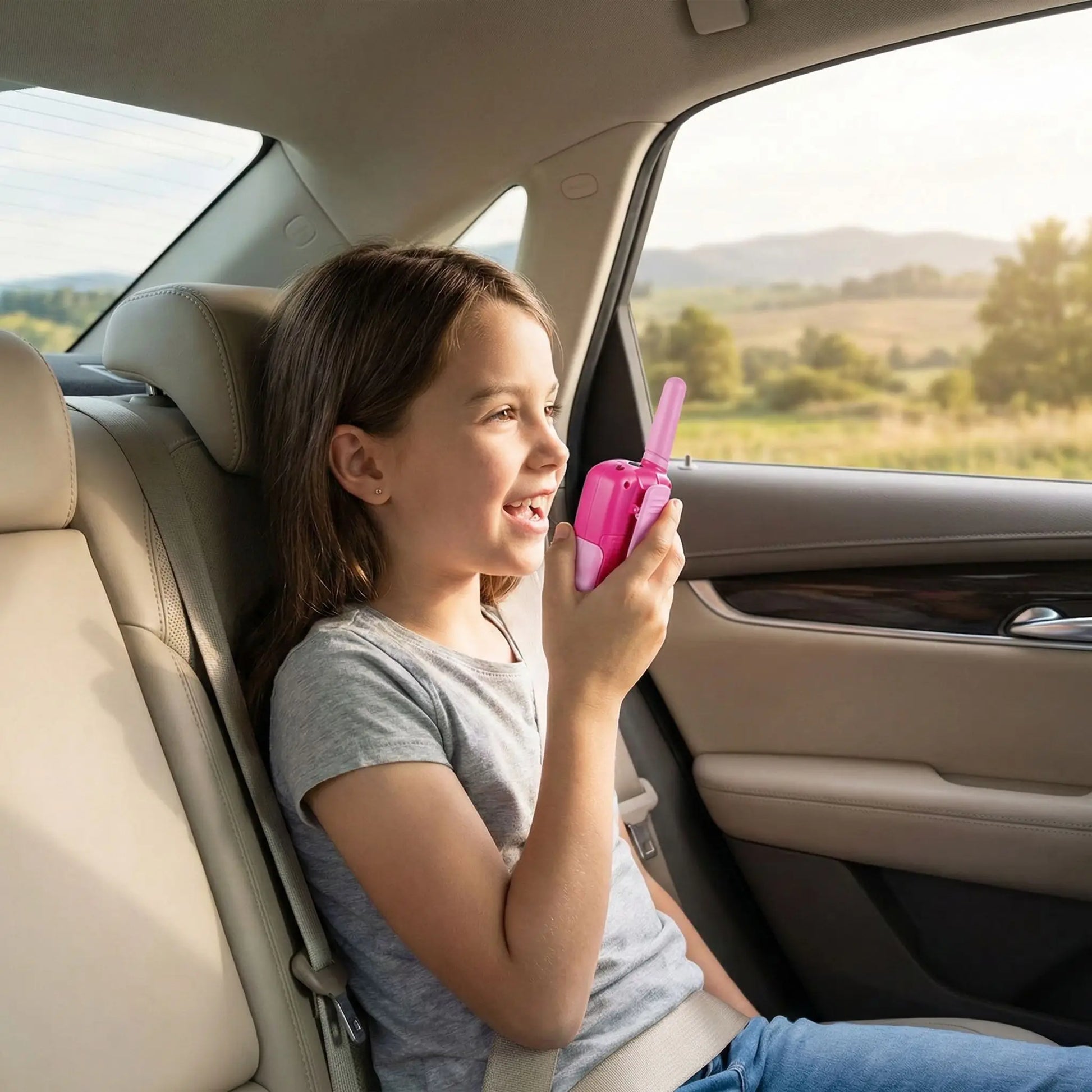 Fille en voiture avec talkie walkie