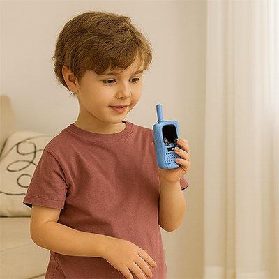 Garçon dans la chambre avec un des talkies walkies bleus.
