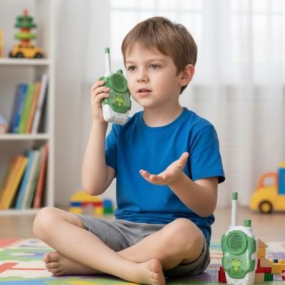 Garçon dans sa chambre avec talkies walkies enfant grenouille