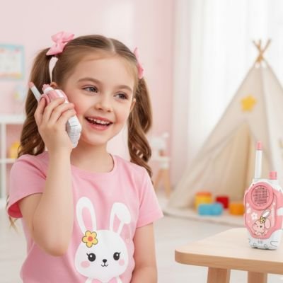 Fillette dans sa chambre avec talkie walkie enfant