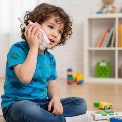 Garçon dans la salle de jeux avec talkies walkies enfant