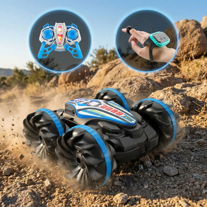 Voiture amphibie telecommandee roule sur terrain rocailleux.