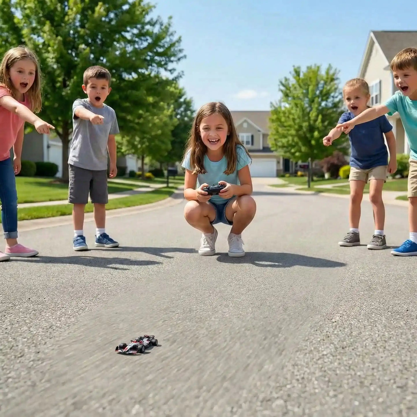 Course dans la rue du quartier avec voiture télécommandée de formule 1
