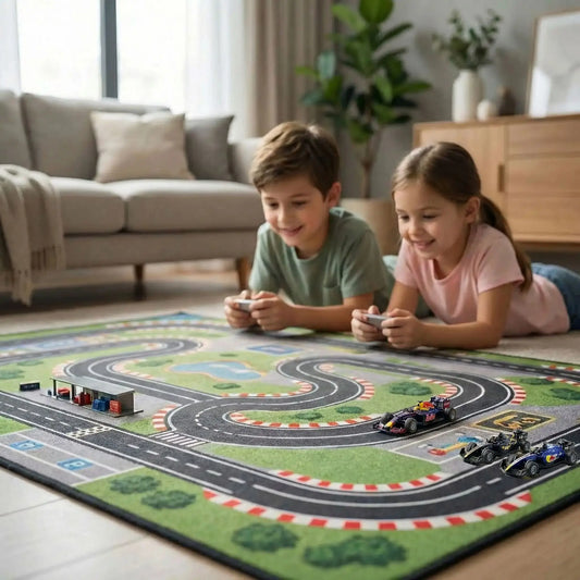Deux enfants font une course de voitures télécommandées de Formule 1.