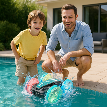 Père et fils avec voiture télécommandée à la piscine