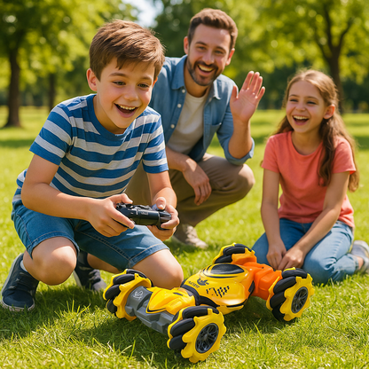 une famille au parc avec voiture télécommandée