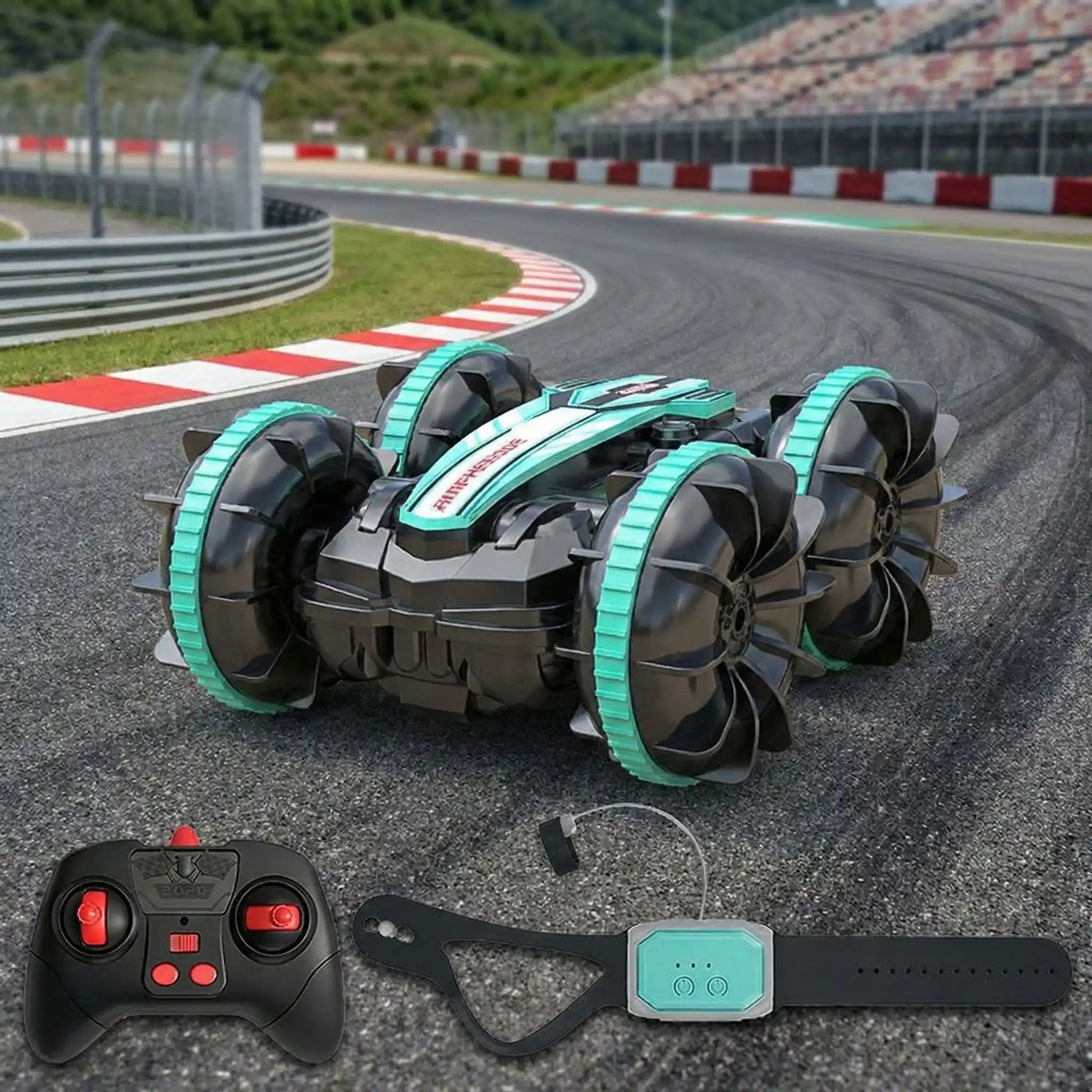 Voiture télécommandée tout terrain amphibie sur circuit auto.